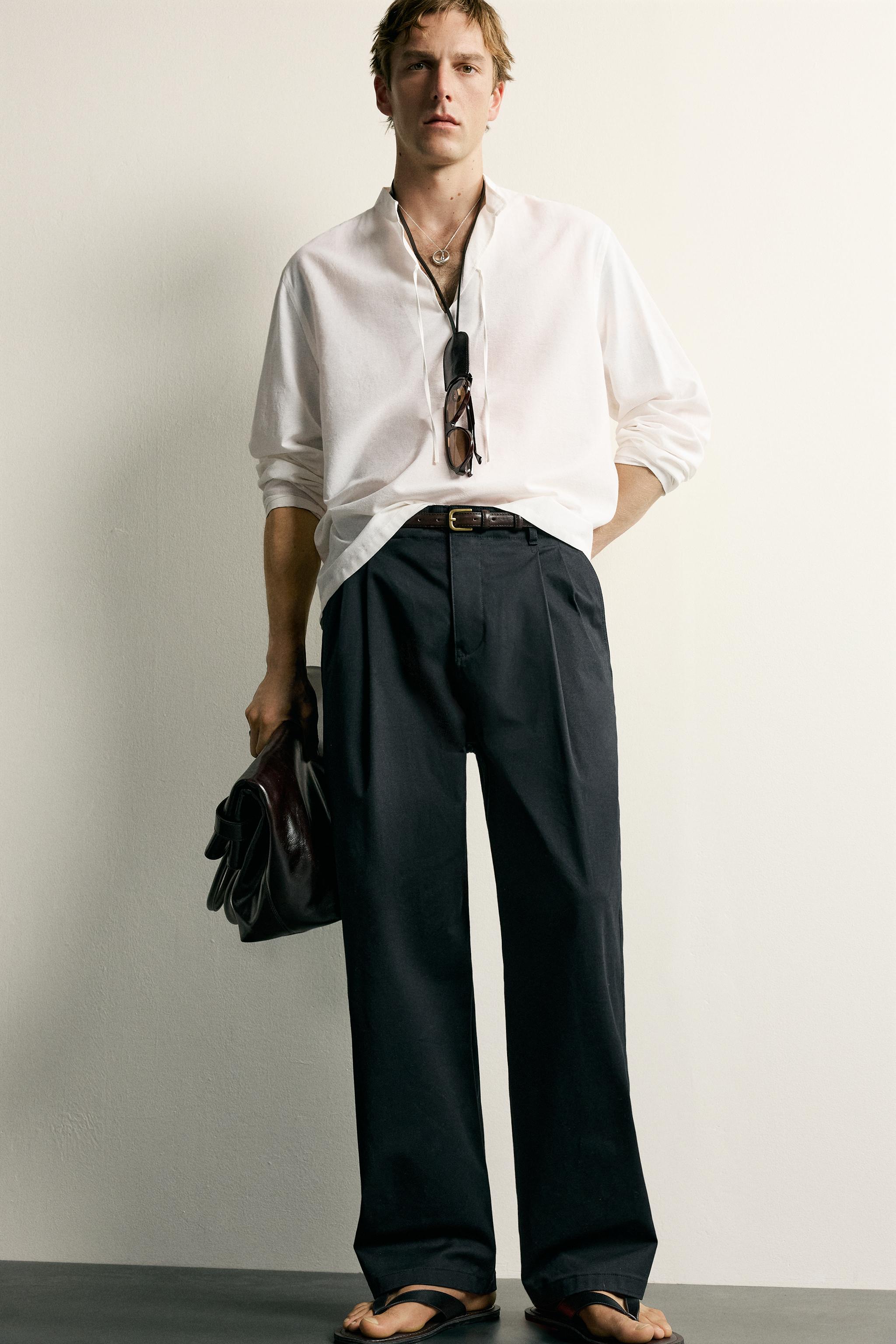 COTTON VISCOSE TIE DETAIL RELAXED FIT SHIRT